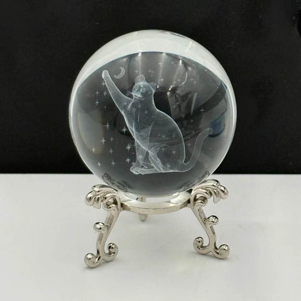 3D Laser Etched Crystal Ball Celestial Cat Moon Stars with Silver Tripod Stand